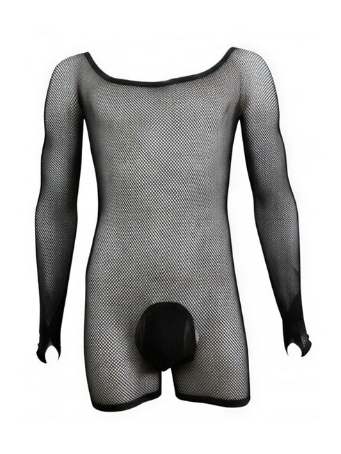 CandyMan 99955 Men's Underwear Patterned Fishnet Long Sleeve Bodysuit Color Black