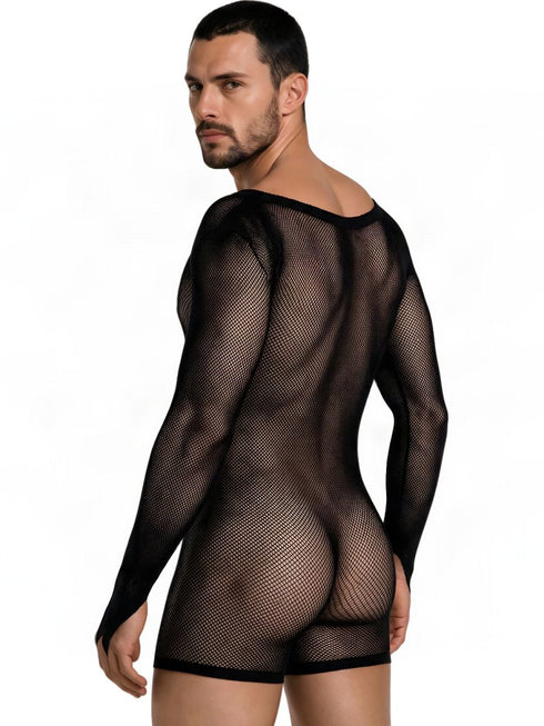 CandyMan 99955 Men's Underwear Patterned Fishnet Long Sleeve Bodysuit Color Black