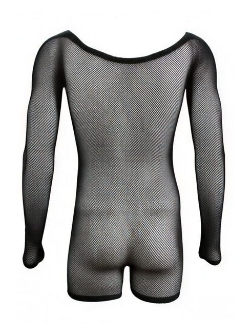 CandyMan 99955 Men's Underwear Patterned Fishnet Long Sleeve Bodysuit Color Black