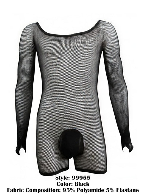CandyMan 99955 Men's Underwear Patterned Fishnet Long Sleeve Bodysuit Color Black