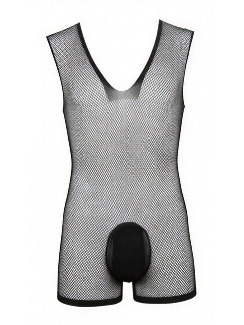 CandyMan 99956 Men's Underwear Sheer Textured Mesh Lace-Up Bodysuit Color Black