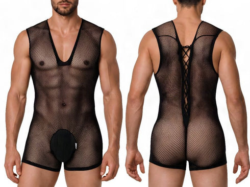 CandyMan 99956 Men's Underwear Sheer Textured Mesh Lace-Up Bodysuit Color Black