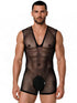 CandyMan 99956 Men's Underwear Sheer Textured Mesh Lace-Up Bodysuit Color Black