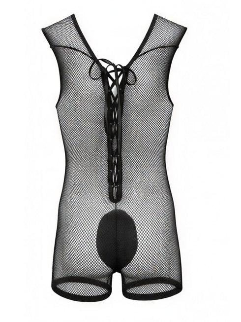CandyMan 99956 Men's Underwear Sheer Textured Mesh Lace-Up Bodysuit Color Black
