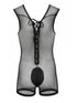 CandyMan 99956 Men's Underwear Sheer Textured Mesh Lace-Up Bodysuit Color Black