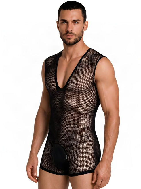 CandyMan 99956 Men's Underwear Sheer Textured Mesh Lace-Up Bodysuit Color Black