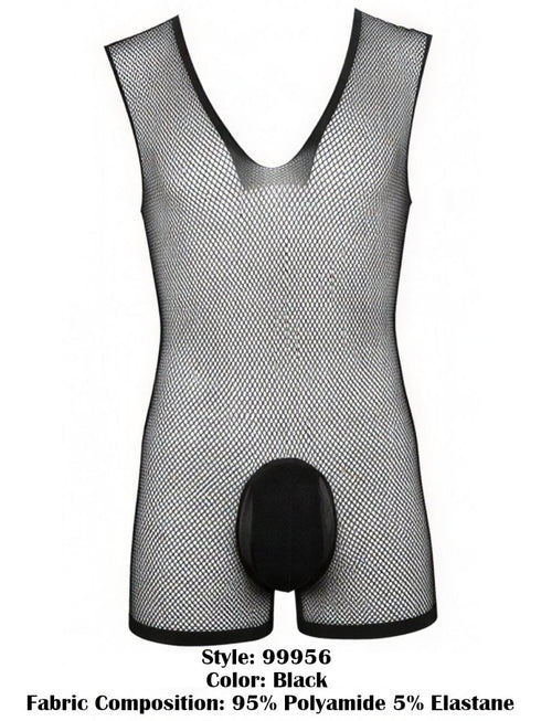 CandyMan 99956 Men's Underwear Sheer Textured Mesh Lace-Up Bodysuit Color Black