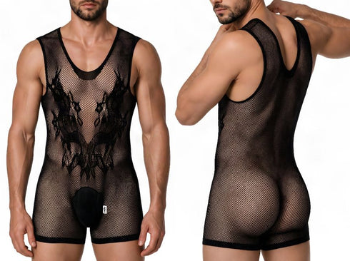 CandyMan 99958 Men's Underwear Sheer Patterned Bodysuit Color Black