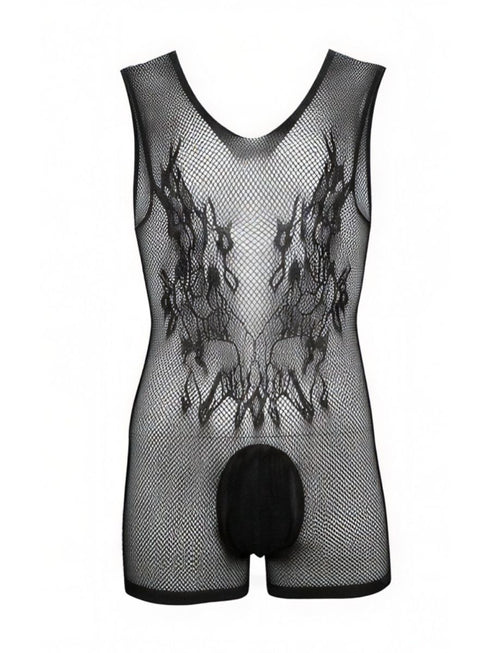 CandyMan 99958 Men's Underwear Sheer Patterned Bodysuit Color Black