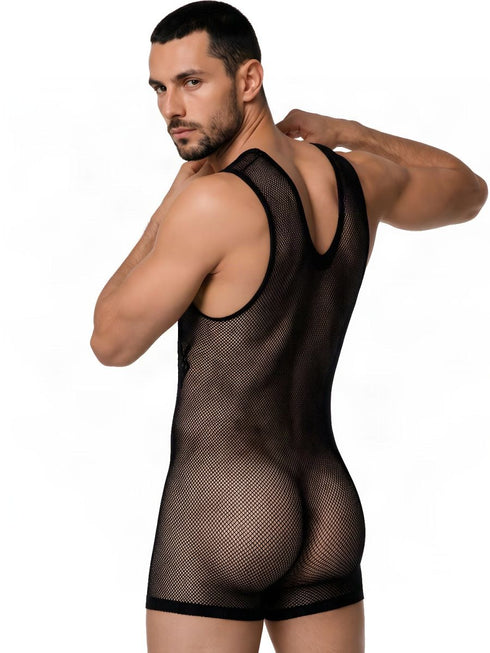 CandyMan 99958 Men's Underwear Sheer Patterned Bodysuit Color Black