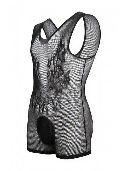 CandyMan 99958 Men's Underwear Sheer Patterned Bodysuit Color Black