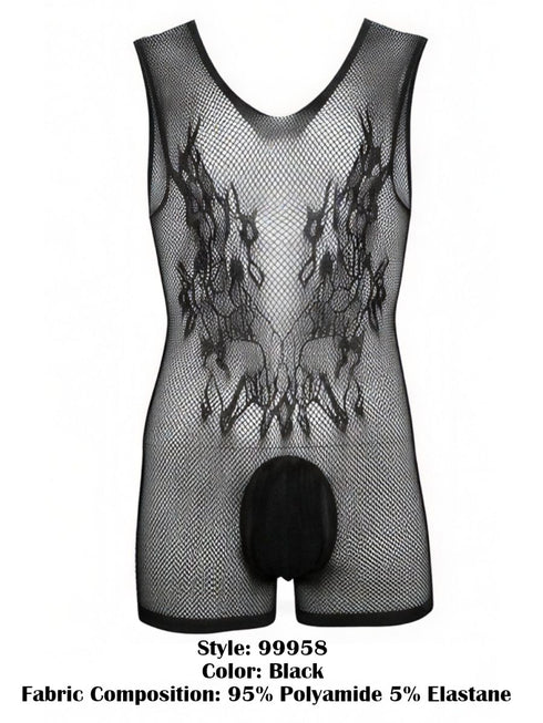 CandyMan 99958 Men's Underwear Sheer Patterned Bodysuit Color Black