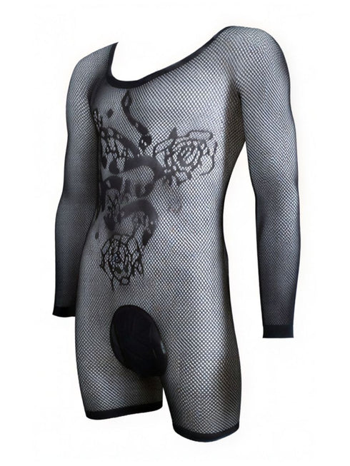 CandyMan 99959 Men's Underwear Bodysuit Alluring Sheer Long Sleeve Color Black