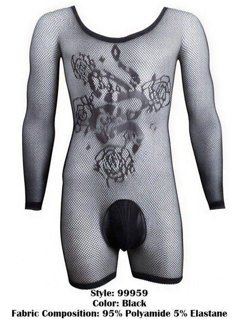 CandyMan 99959 Men's Underwear Bodysuit Alluring Sheer Long Sleeve Color Black