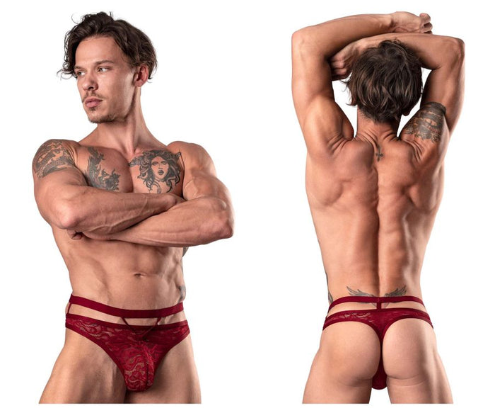 clever moda Male Power 446-289 Lucifer Cut Out Strappy Thong Color Burgundy