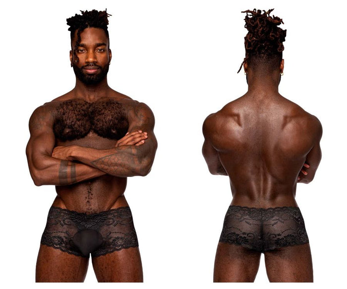 clever moda Male Power 127-280 Sassy Lace Mini Short Sheer Pouch Color Black